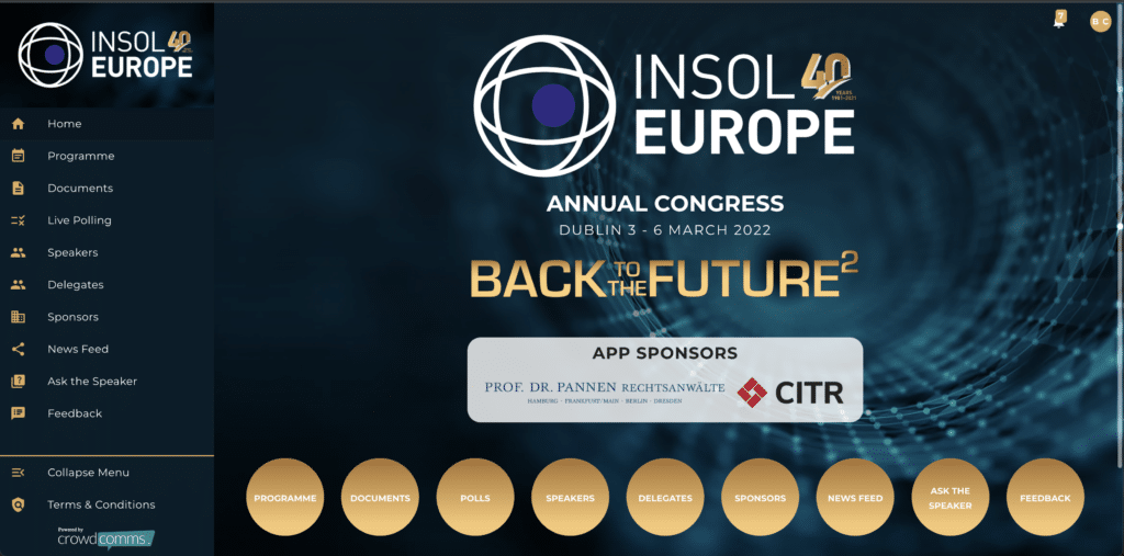 INSOL Europe 2022 Powered by the CrowdComms Event App, insol conference, insol europe